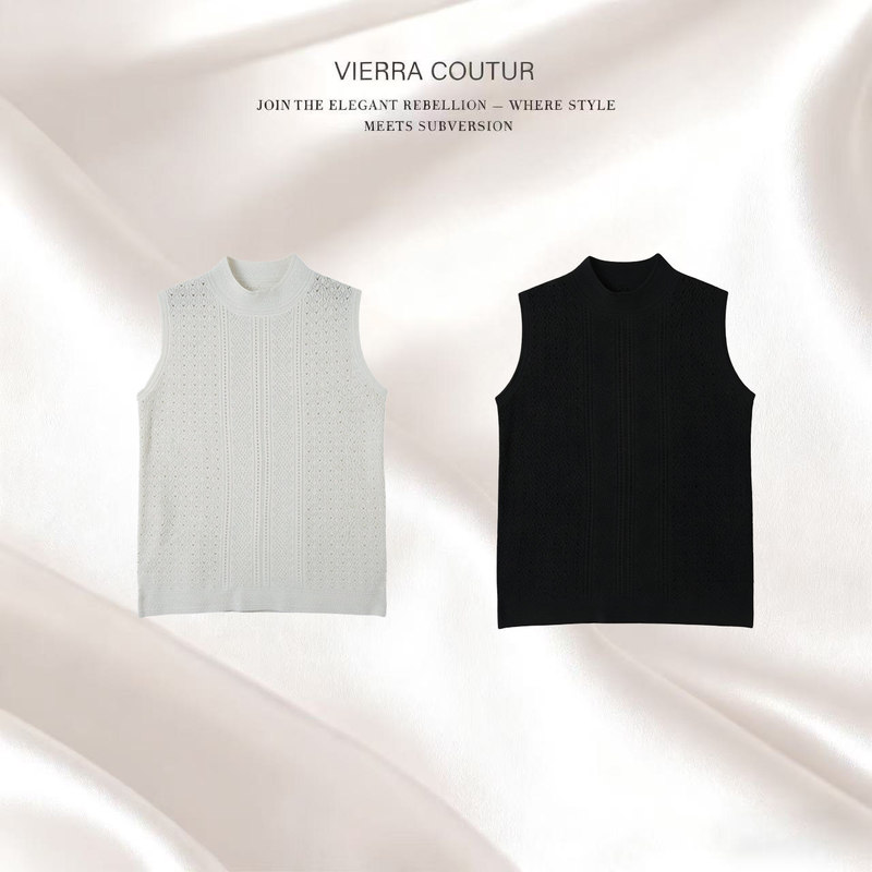 [66] Light Luxury Chanel-Style High-Neck Sleeveless Vest for Women, 2026 New Summer Design with Hollow-Out Solid Color Top