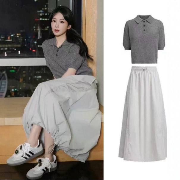 European Style Yang Zi Same Style Fashion Set for Women 2026 Summer New Floral Puff Half-Length Skirt with Lapel Knitted Short-Sleeve Top