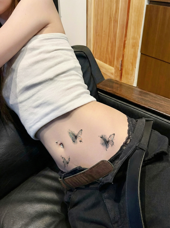 Exploring with Tree·Butterfly Tattoo Sticker New Blue Ink Chinese Style Smudged Waterproof Non-Fading Design High-End Feeling