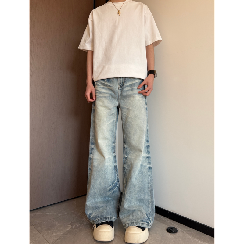Areast Spring New Blue Jeans Straight-Leg Flared Vintage Washed Whiskered Design Long Pants 5602