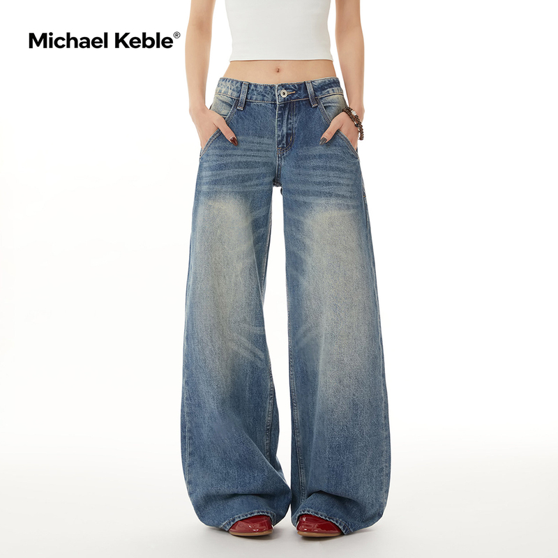 Michael Keble Retro Low-Waist Straight-Leg Jeans for Women, New Summer Style with Distressed Design, Floor-Length Wide-Leg Pants