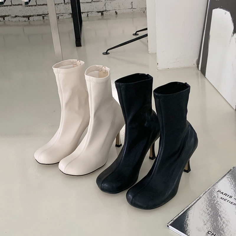 Trendy Slim Boots for Women, Spring and Autumn Genuine Leather Niche Large-Toe Boots, White Short Boots, Stiletto High Heels, Slimming Elastic Boots