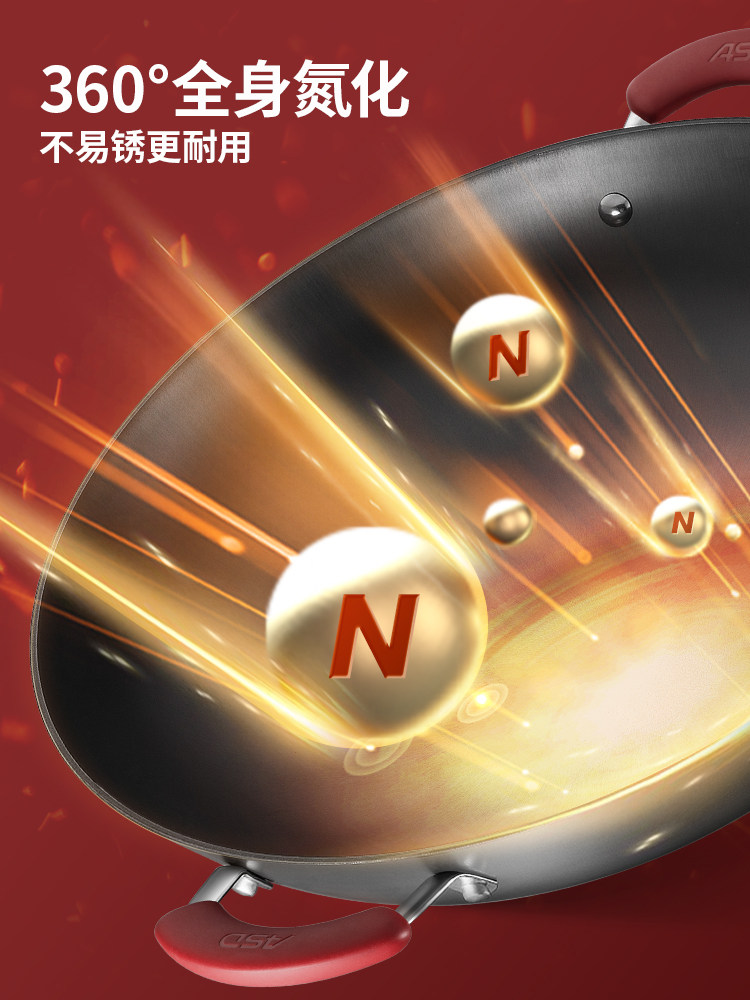 Aistar Cast Iron Double-Handle Wok, Household Flat-Bottomed Frying Pan, Suitable for Induction Cookers and Gas Stoves, Non-Coated Cooking Pan