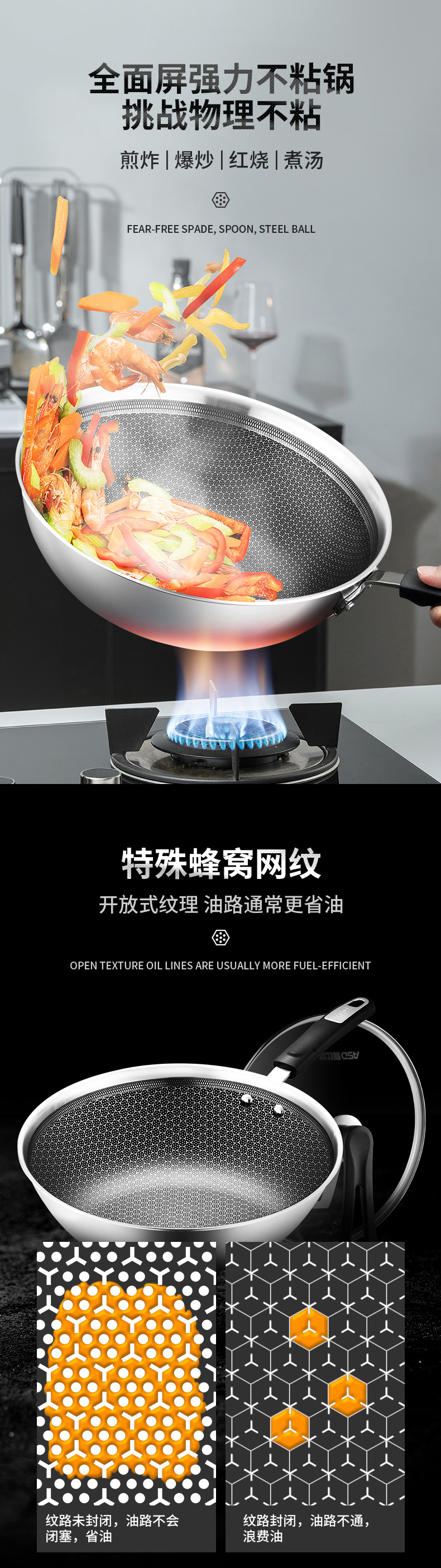 爱仕达 蜂窝晶纹304不锈钢不粘锅 30cm 少油烟 燃电通用 图4