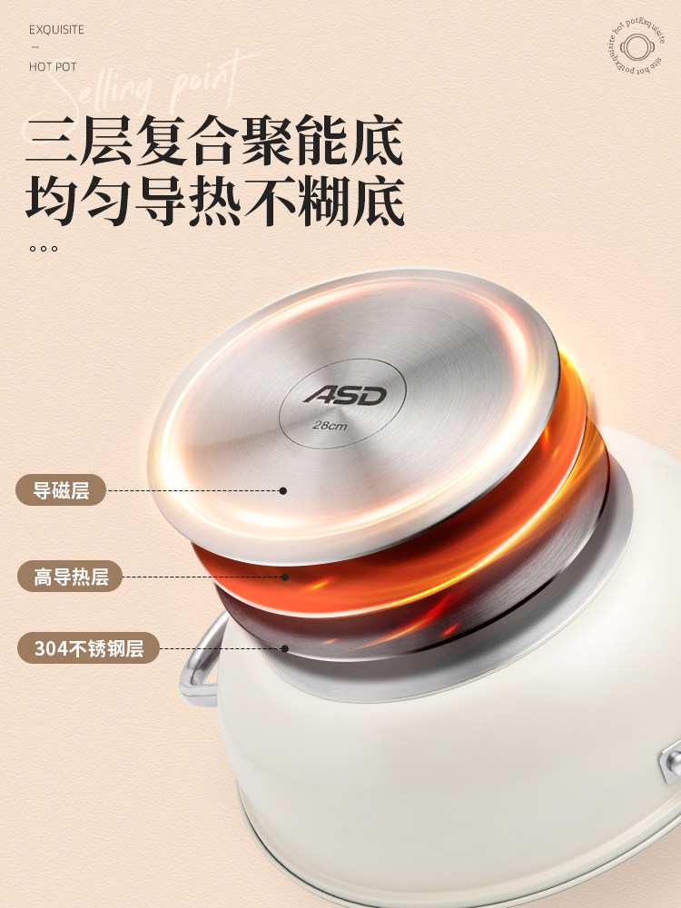 Aistar Dual-Purpose Pot for Hot Pot, Suitable for Household Induction Cookers, Thickened 304 Stainless Steel, Non-Stick, Large Capacity