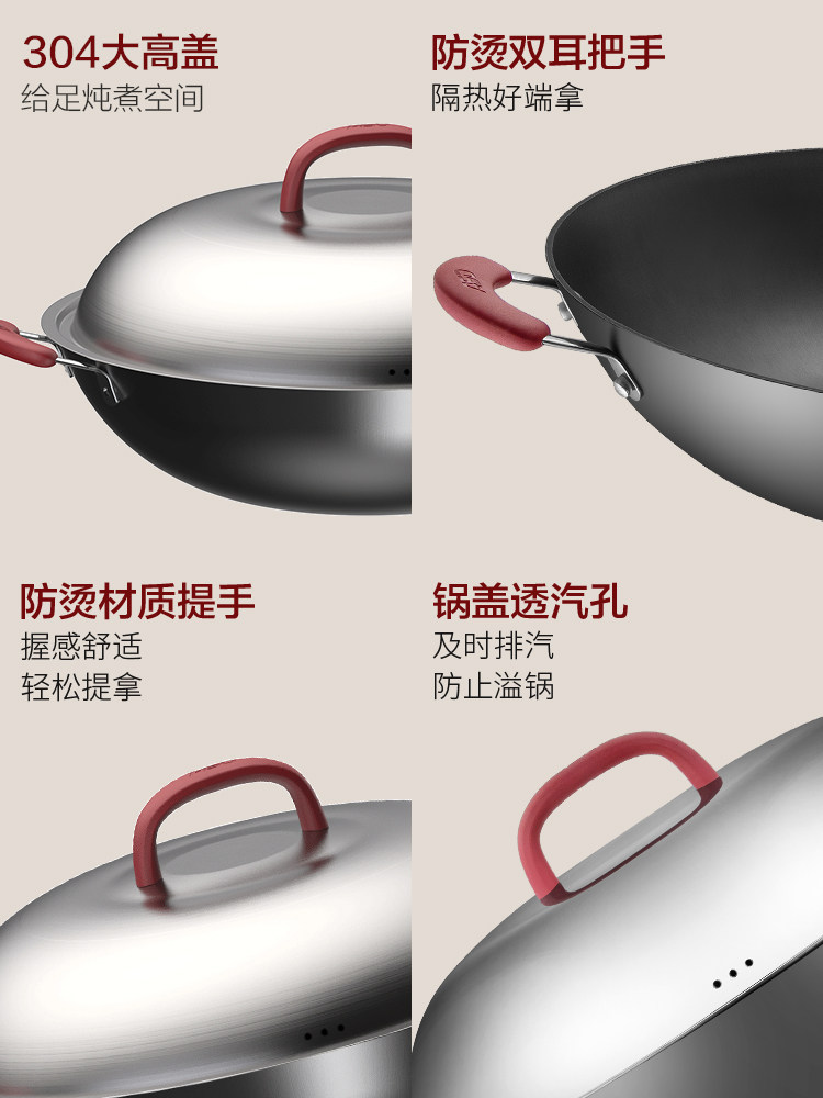 Aistar Cast Iron Double-Handle Wok, Household Flat-Bottomed Frying Pan, Suitable for Induction Cookers and Gas Stoves, Non-Coated Cooking Pan
