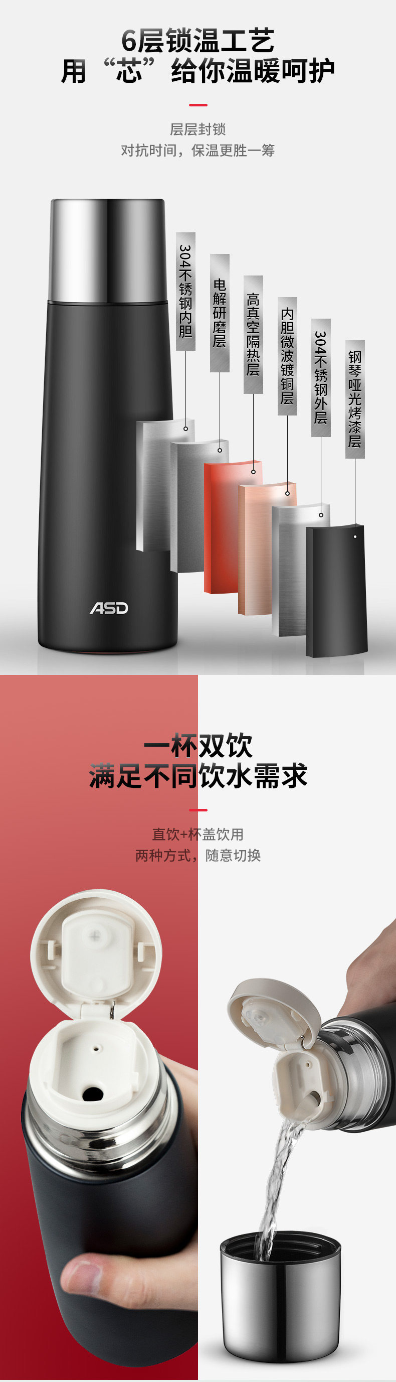 爱仕达 双层真空304不锈钢保温杯 24小时保温 500ml 图3