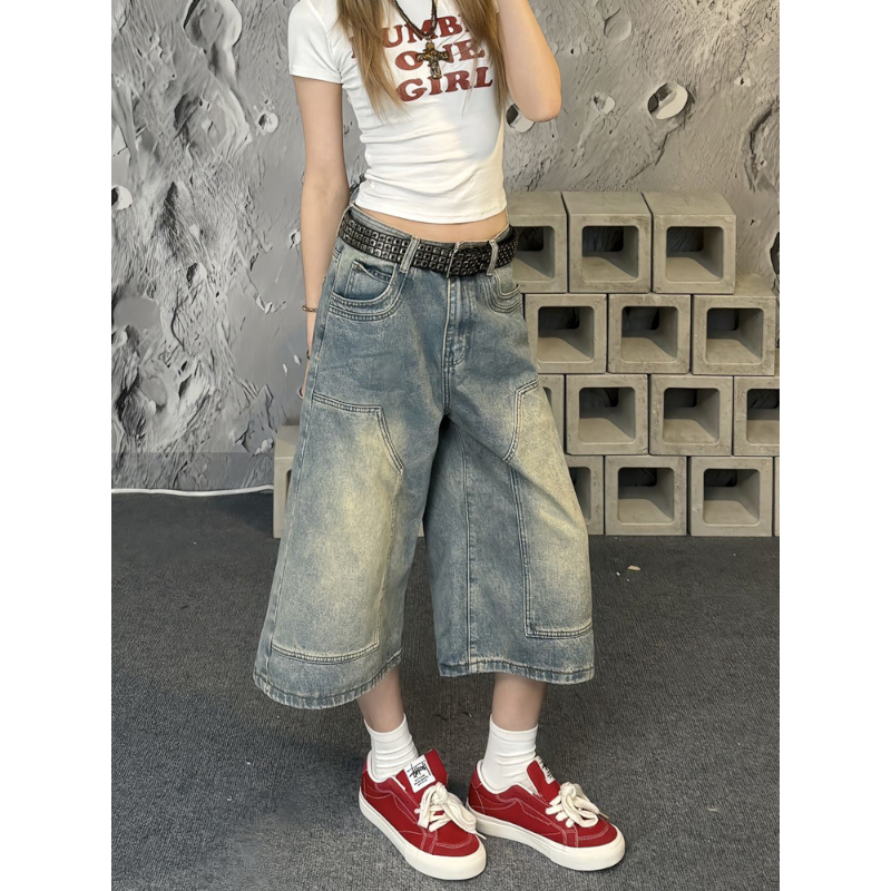 American-Style Washed Vintage Denim Capri Shorts for Women, New Summer High-Street Loose Wide-Leg Slimming Straight Mid-Length Pants