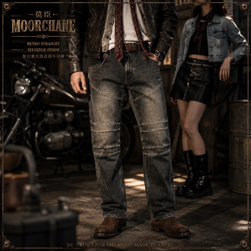 Mochen Men's Vintage Straight-Leg Biker Casual Pants Heavy Washed Heavy-Duty Ink White Gray Jeans Mc609 Mochen Men's Vintage Straight-Leg Biker Casual Pants Heavy Washed Heavy-Duty Ink White Gray Jeans Mc609