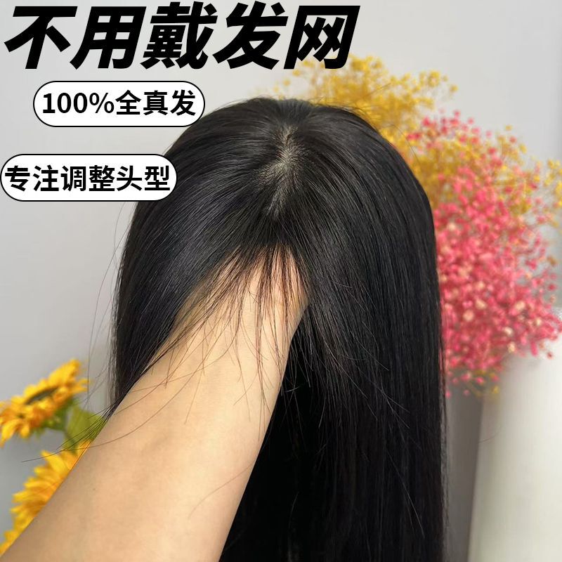 Real Hair Wig for Women, Full Head Wig, Long Hair, Natural, Age-Reducing, Fashionable New Style, Long Hair with Middle Parting, Black Long Straight