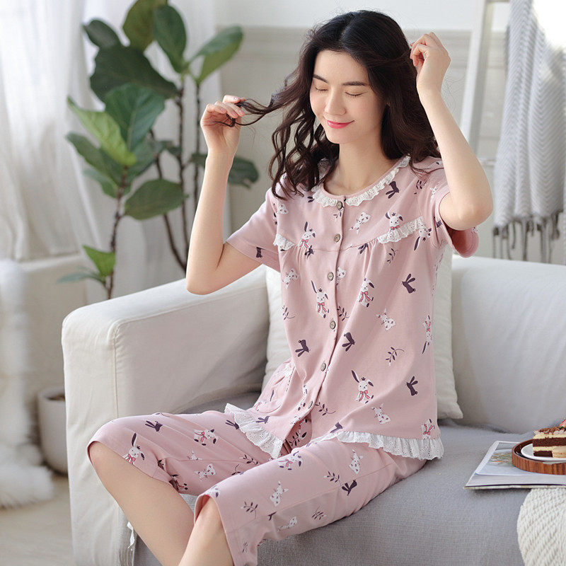 Sleepwear Women Summer Pure Cotton Short Sleeves Seven Pants Mom's summer slim-in-a-shirt middle-aged home Clothing Two Style Suits