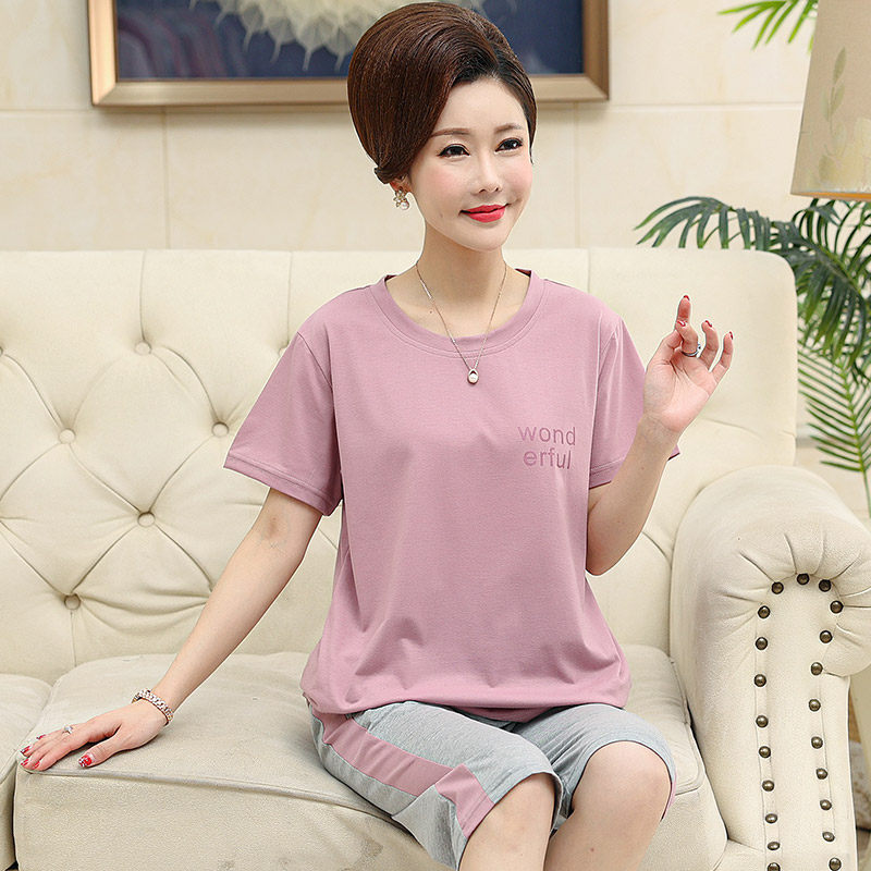 Mom's pajamas summer pure cotton short sleeve seven pants summer middle-aged home clothing suit thin code