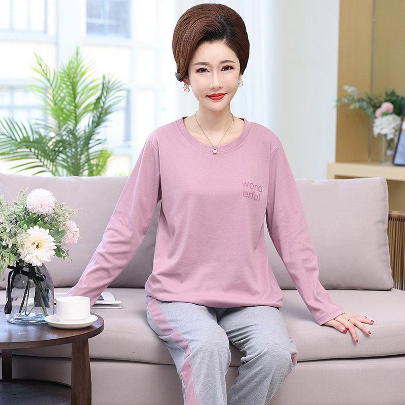 Mother Sleepwear Woman Spring Autumn Season Pure Cotton Long Sleeve Suit Autumn Middle-aged home Aged Round Collar Casual Large Size
