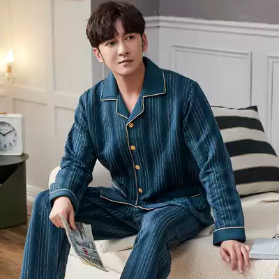 Men's pajamas autumn and winter cotton thick father thin cotton air cotton sandwich home Clothing Spring and Autumn long sleeve set