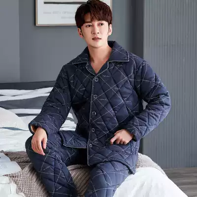 Pajamas men's winter thickened cotton pure cotton long-sleeved autumn and winter men's three-layer padded jacket winter home service suit