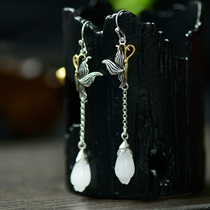 s925 silver inlaid Hetian Jade womens temperament long butterfly antique jade silver earring earrings earring ear hook