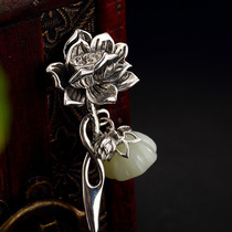 S925 sterling silver natural Hetian Jade White Jade Lotus Lotus silver retro old sterling silver hairpin hairpin hair hairpin