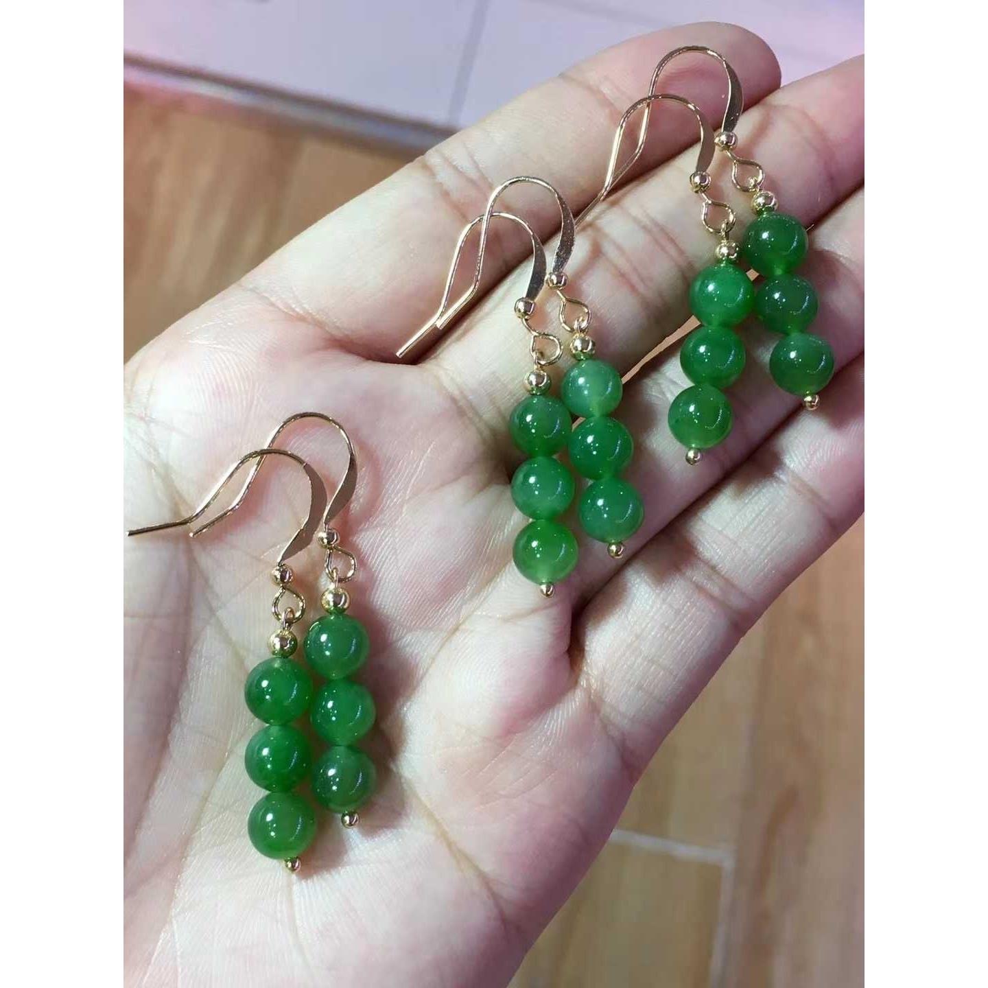 Natural Xinjiang Hetian jasper 6mm bead earrings 14k gold inlaid original ear wire hook ice transparent sun green spinach green