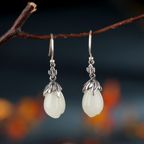 S925 pure silver inlay and field jade white jade and jade silver ear ring floral personality retro minimalist natural lady earthen