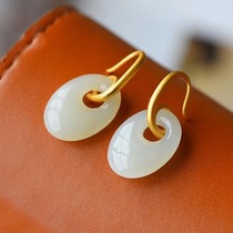 Natural And Tian White Jade Green Button Earrings Method Style Womens Ear Pendant S925 Pure Silver Anti-Allergy Woman Chinese Wind