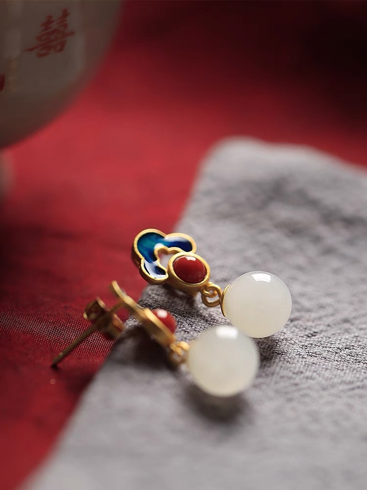 Sterling Silver Inlaid Hetian Jade Retro Wind Jade Earrings Women's Earrings With Cheongsam Accessories Sito Same Style Mother Earrings