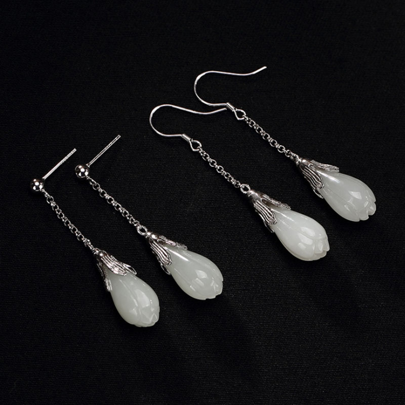 S925 Sterling Silver Inlaid Hetian Jade Earrings White Jade Women's Style Magnolia Silver Earrings Earrings Earhooks