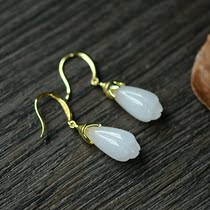 Sterling silver gilded inlay Hetian Jade Jade Magnolia s925 silver women temperament flower silver earrings earrings earrings