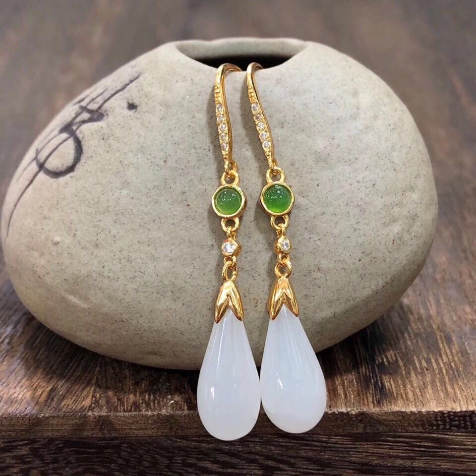 Hetian jade earrings s925 silver natural jade earrings long section white jade high-end earrings hypoallergenic temperament earrings women
