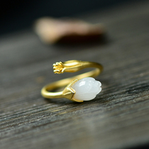 s925 silver inlaid Hetian Jade Magnolia delicate small golden opening flower jade silver ring ring