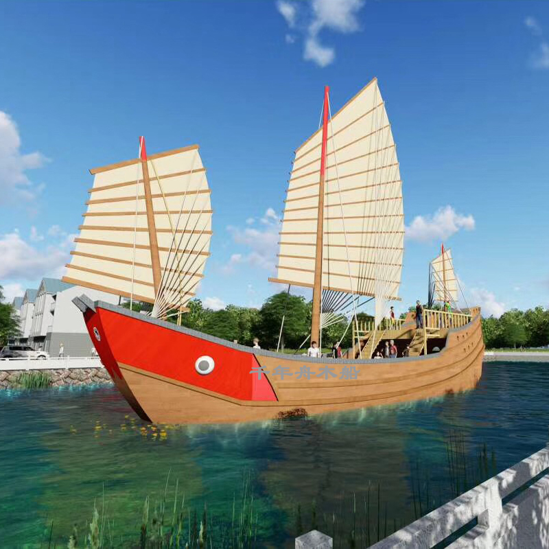 Exhibition decorated antique landscape wooden boat red head ancient battle ship Zheng Hebao ship model outdoor sailing ship
