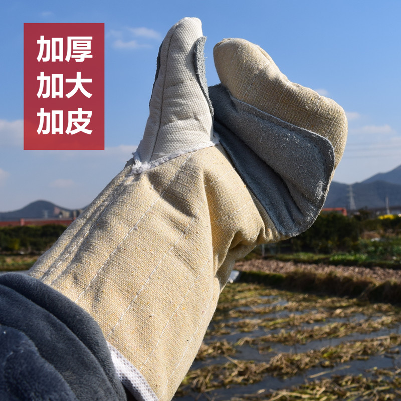 Canvas quilted plus leather commercial microwave oven oven anti-scalding baking high temperature resistant thickened and lengthened industrial gloves