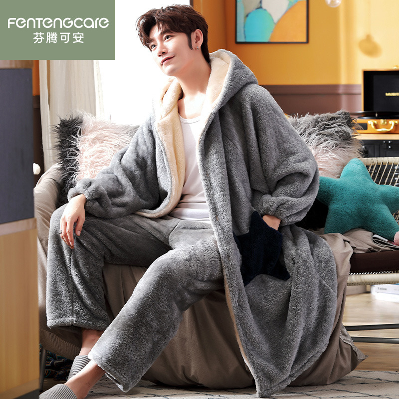 Fenteng Men's Winter Thickened Long Coral Fleece Pajamas Warm Autumn and Winter Flannel Bathrobe Set