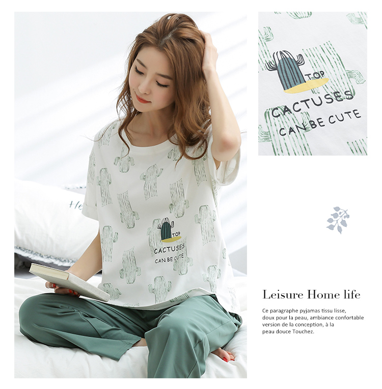 Đồ ngủ nam nữ mùa hè bông ngắn tay chín- quần hai mảnh phù hợp với phiên bản Hàn Quốc của lỏng bên ngoài mặc dịch vụ nhà phù hợp với kiểu áo đồ bộ