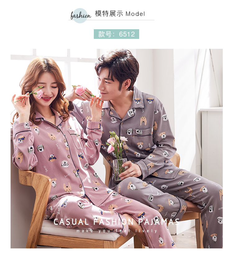 Mùa xuân và mùa thu ở Nam Cực Bộ đồ đôi thông thường Bộ đồ nữ dài tay Cotton cardigan Dễ thương Set Nam Kích thước lớn Dịch vụ tại nhà đồ bộ mặc nhà bằng vải thun