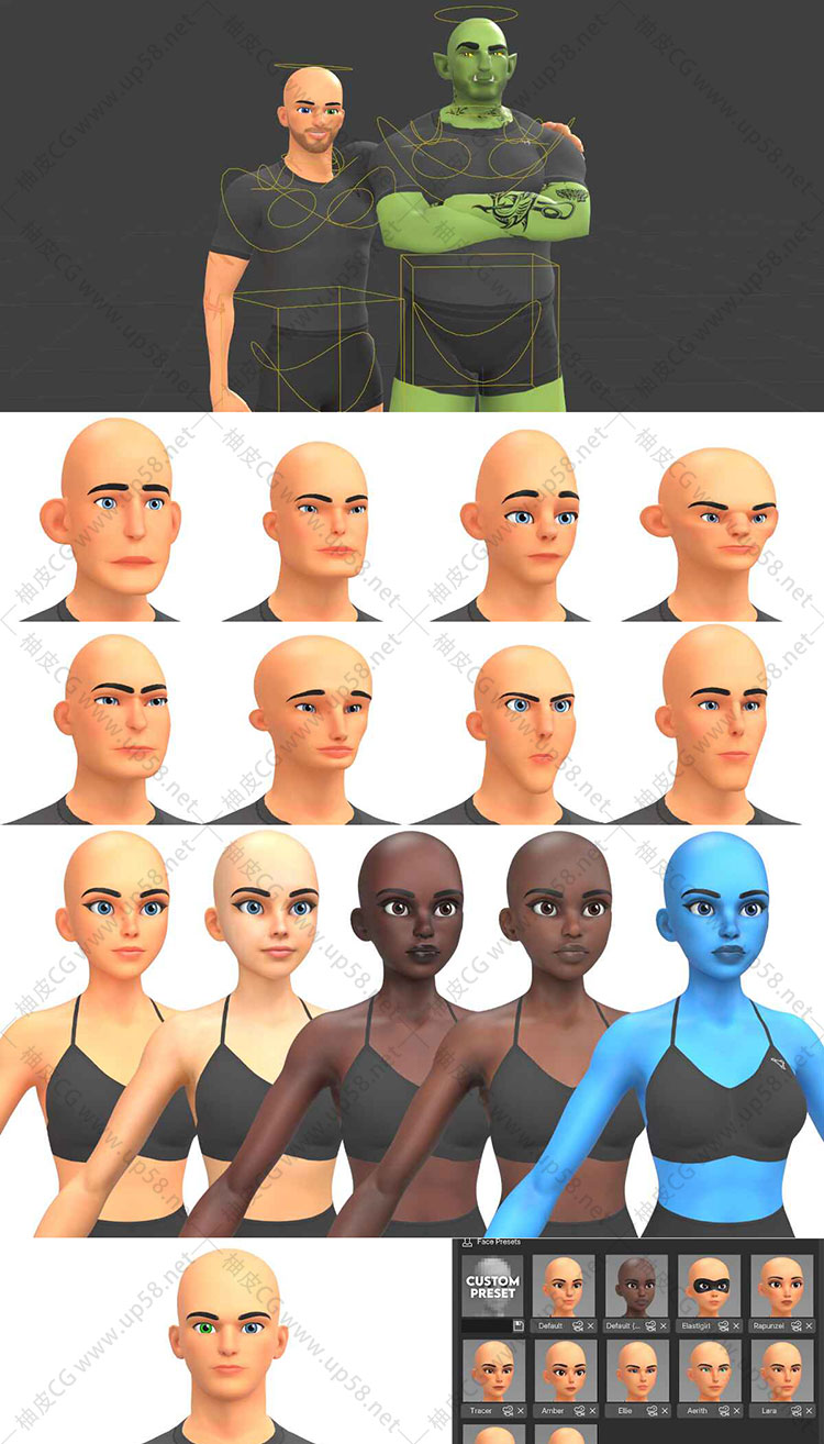 [汉化版]Blender男女双模基础网格包Rigify绑定+80+参数滑块角色创建插件Customisable Female Basemesh