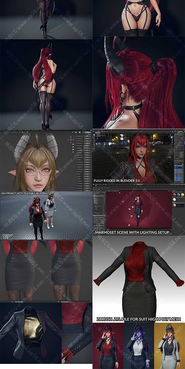 3DSMAX / Maya / Blender / ZBrush / UE4 / Marmoset商业西装恶魔女孩3D模型