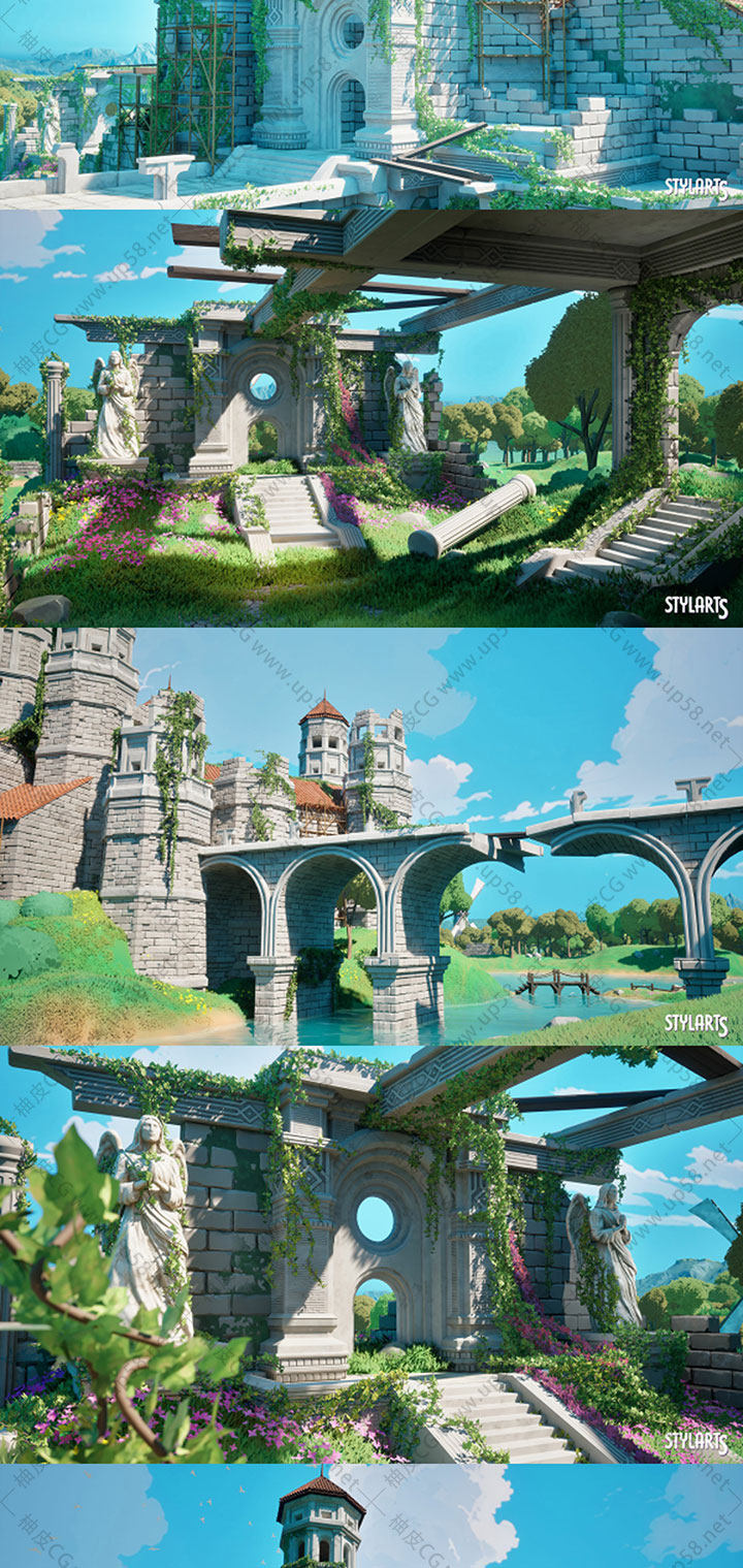 Unreal Engine戏开发环境创作模块化高细节风格化废墟资产包