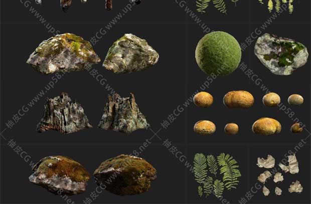 森林岩石苔藓树叶蘑菇FBX 3D模型及4K / 8K高清纹理贴图素材