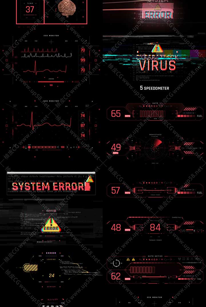 AE脚本 500+未来科幻军事雷达医疗警告HUD图形用户界面动画元素