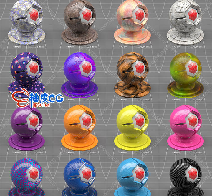 C4D红移Redshift金属皮革布料塑料陶瓷木地板大理石材质球素材库