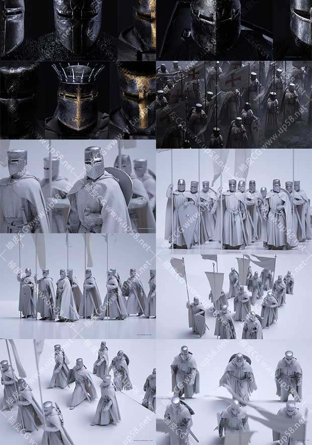 欧洲中世纪军队城堡盔甲旗帜武器精细3D模型