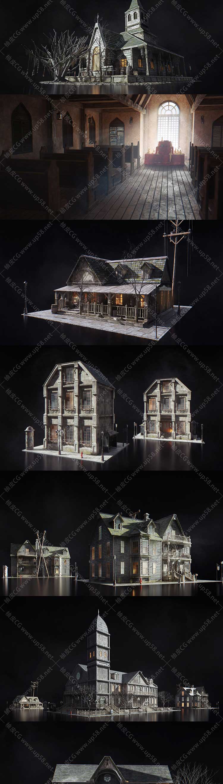 英格兰建筑和环境克苏鲁风格恐怖世界高质量3D模型资产kitbash3D