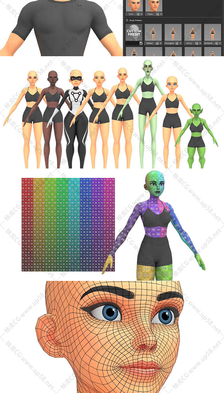 [汉化版]Blender男女双模基础网格包Rigify绑定+80+参数滑块角色创建插件Customisable Female Basemesh