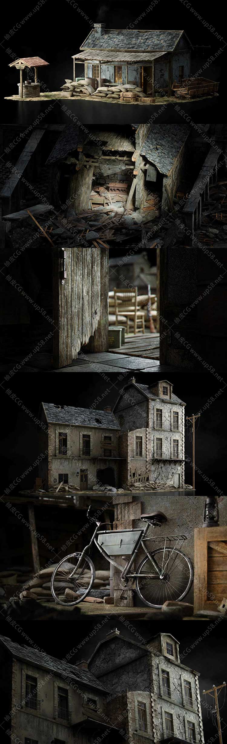 二战逼真战时环境防御工事路障建筑室内武器装备高级3D模型资产合集