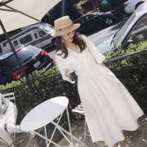 European Station 2021 summer new French V collar shirt dress seaside resort beach dress white dress women