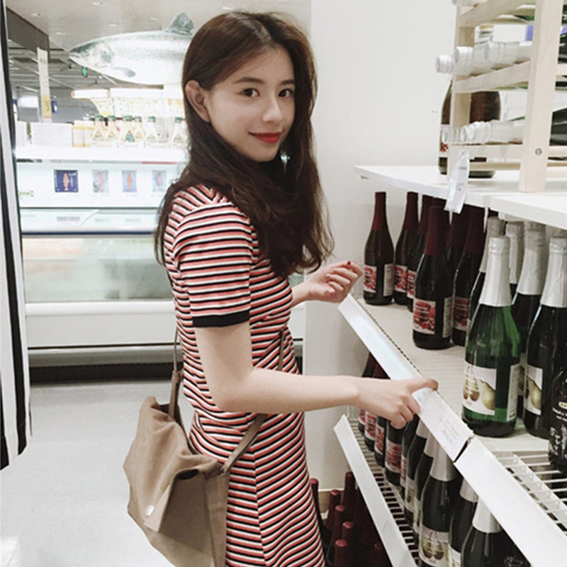 Europe station 2022 Summer new foreign dress Women's retro 100 lap collection waist display slim and thin fresh striped T-shirt Long dress