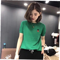 Tide Cards Short Sleeve T-shirt Woman 2022 Summer new thin Thin Ice Silk Knit Cardiovert Loose Round Collar Green Half Sleeve Blouse