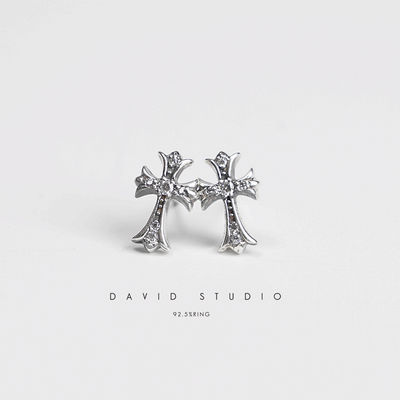 david aged S925 sterling silver diamond-encrusted cross aged couple stud earrings for both men and women, versatile stud earrings