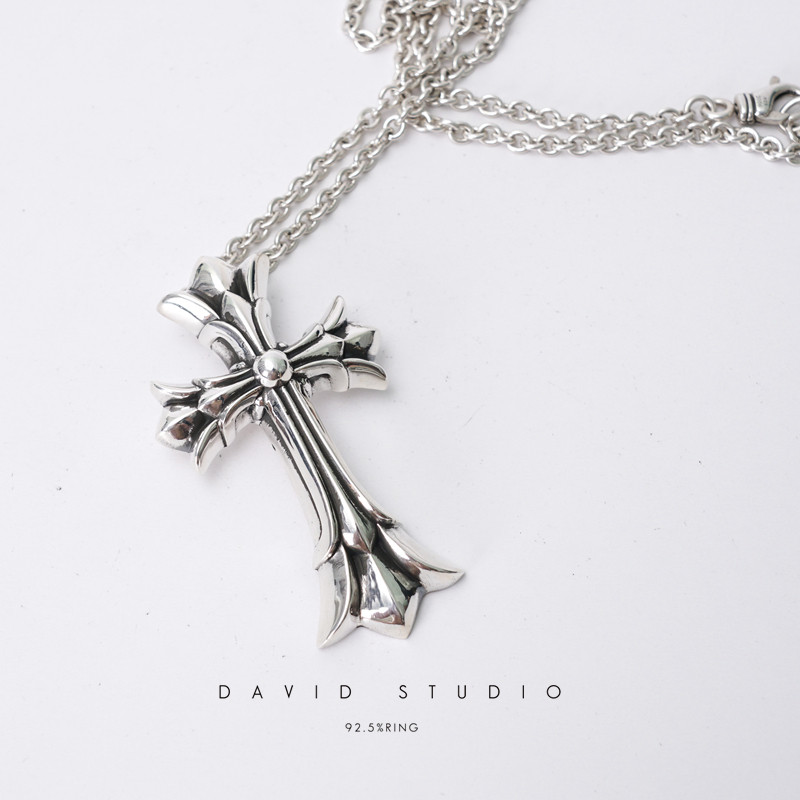 David studio925 sterling silver double cross pendant necklace domineering tidal male motorcycle punk male necklace