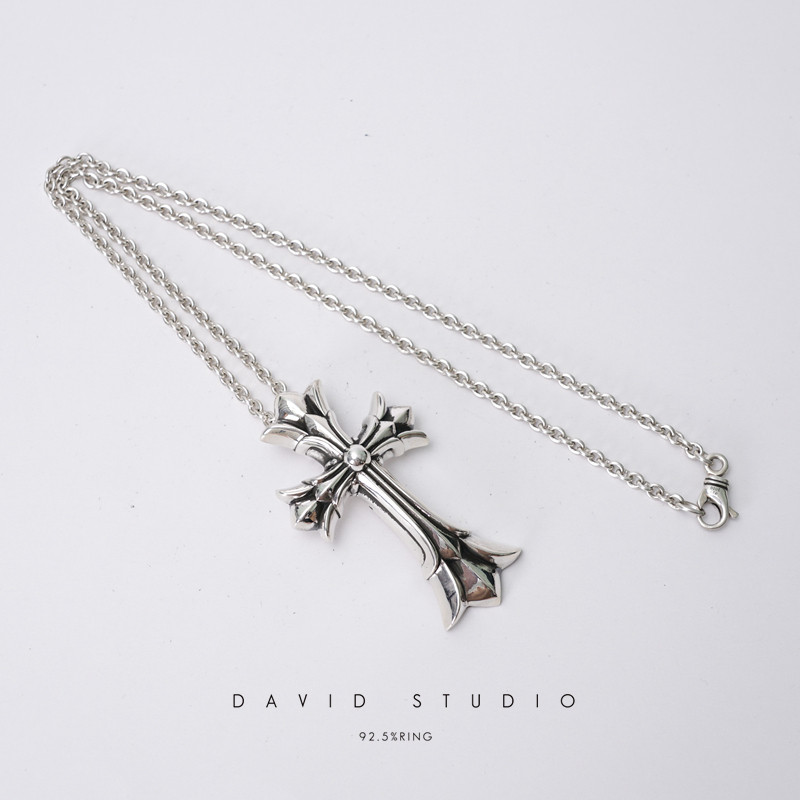 David studio925 sterling silver double cross pendant necklace domineering tidal male motorcycle punk male necklace